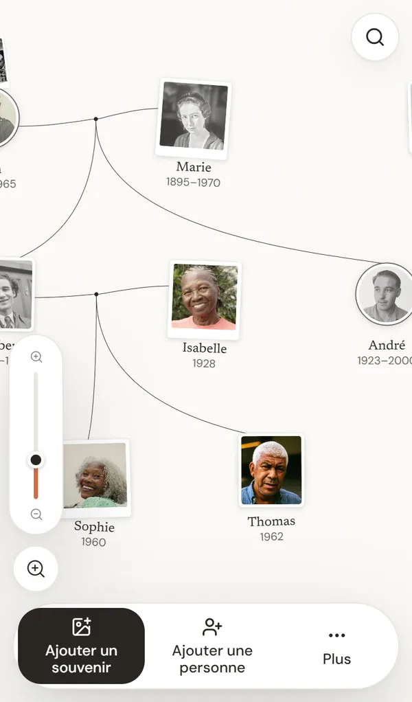 L'arbre avec les portraits de la famille, et en bas les boutons Ajouter un souvenir, Ajouter une personne et Plus