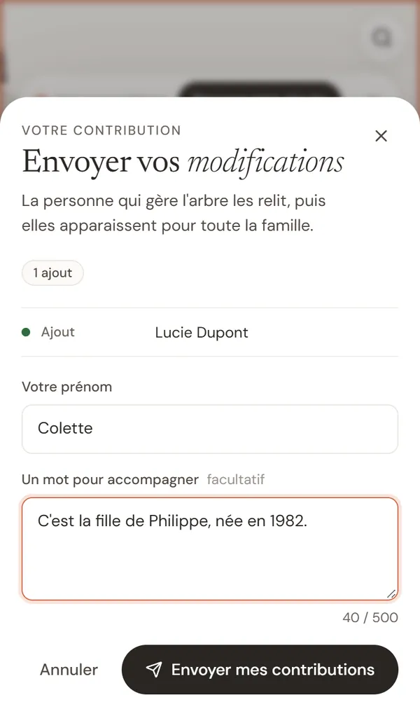 La fenêtre d'envoi, avec son prénom et un mot pour accompagner