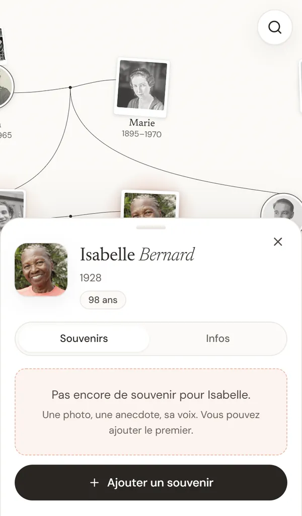 La fiche d'une personne, ouverte en touchant son portrait