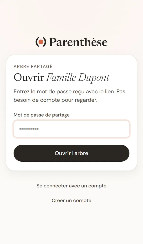 La page qui demande le mot de passe, avec le bouton Ouvrir l'arbre