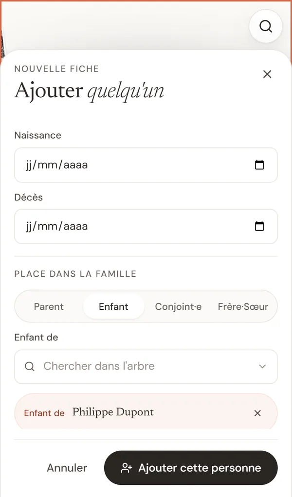 Dire à qui la nouvelle personne est liée, ici enfant de Philippe