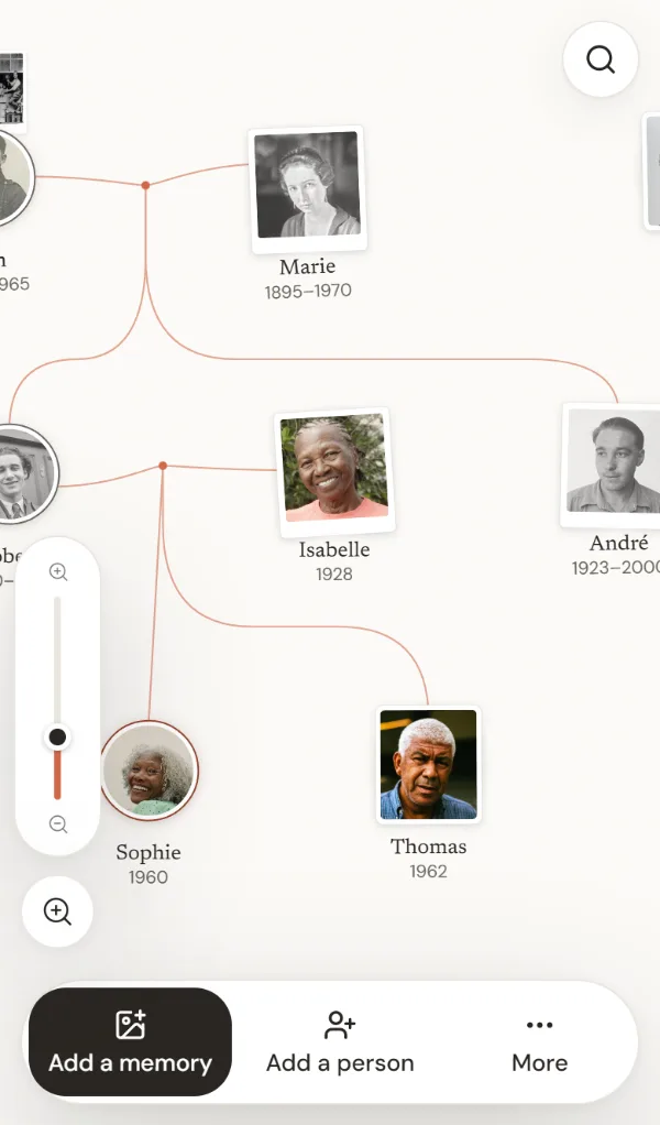 The tree with the family portraits, and at the bottom the Add a memory, Add a person and More buttons
