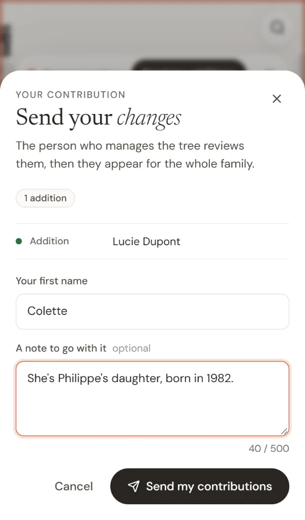 The sending window, with your first name and a note to go with it