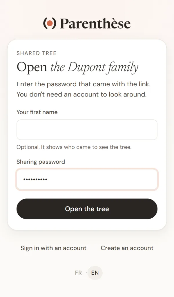 The page asking for the password, with the Open the tree button