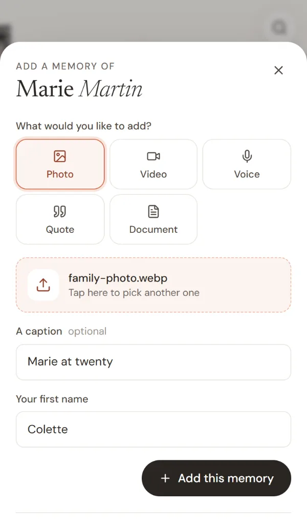 Choosing a photo, writing a caption and your first name, then Add this memory