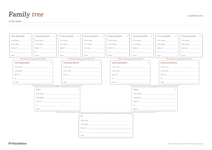 Blank 4-generation family tree template in landscape format, fifteen boxes up to the great-grandparents